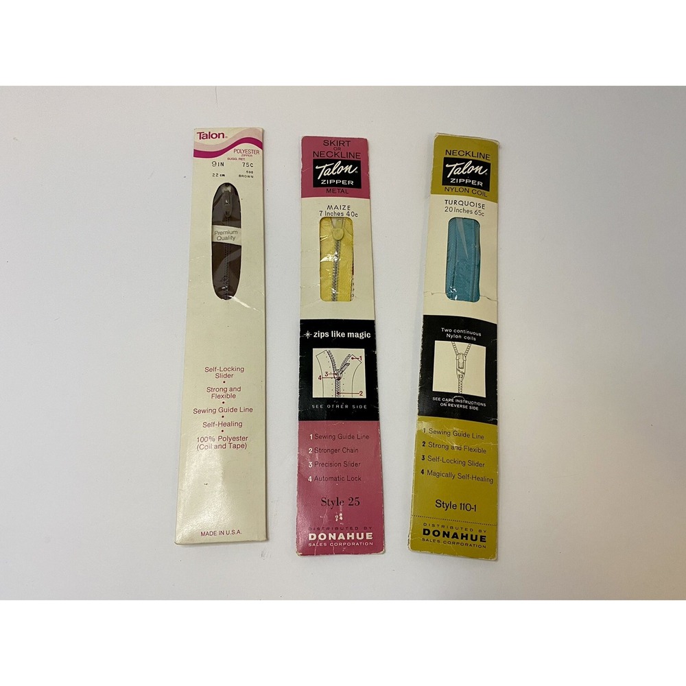 Lot Of 3 Talon Zippers Vintage New Unused Sewing Turquoise Maize Brown